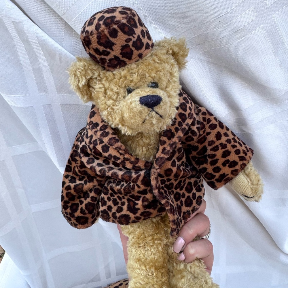 Ty Plush Bear with Leopard Print Coat and Hat - Brown